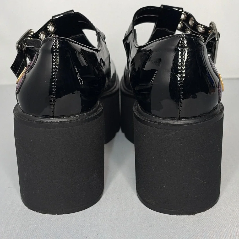 Black Patent Platform Mary Janes Flower Applique T-Strap Lug Sole Shoes Size 39